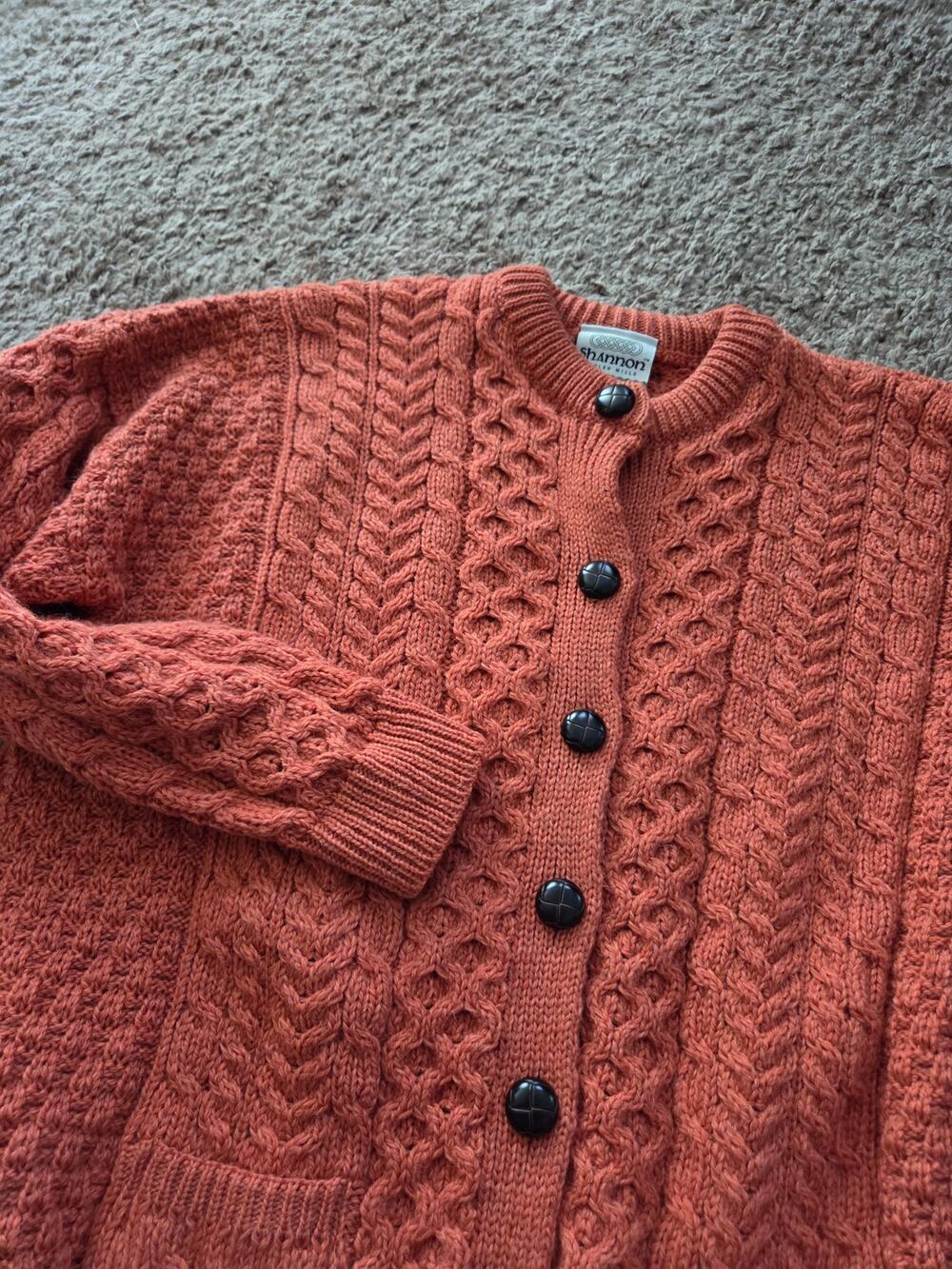 Shannon 100% merino wool Ireland chunky knit sweater cardigan orange cable XL